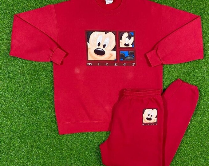 Vintage Mickey Mouse Sweat Suit Crewneck Sweatshirt 1990s Walt Disney World Classic Size Large Oversized Rare 90s Red Sweatpants Set
