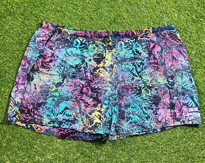 Vintage Multicolor Swimming Trunks Side Out Size Xtra Large XL Swim Trunks Bathing Suit Beach Island Skate 1990s 90s All Over