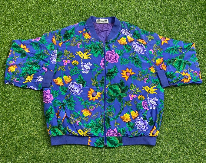 Vintage Floral Bomber Jacket Size Xtra Large XL Gardening Love Bees Caterpillars Butterflies Nature Plants 1990s 90s