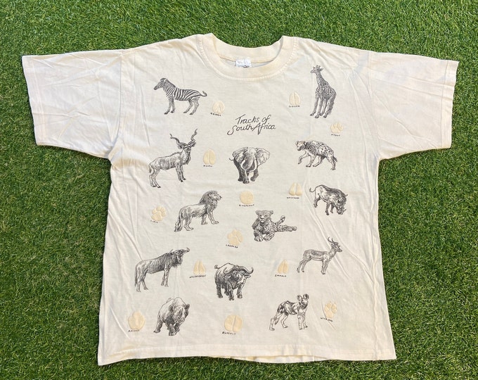 Vintage Tracks of South Africa T Shirt Tee Game Clothing Size Large L Elephant Zebra Lion Habitat Animal Zoo 1980s 80s Original
