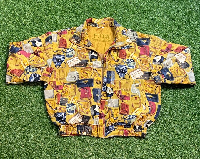 Vintage Multicolor Bomber Jacket FUDU International Size Small S Quality Great Fit Classic Art Fashion 1990s 90s Silk
