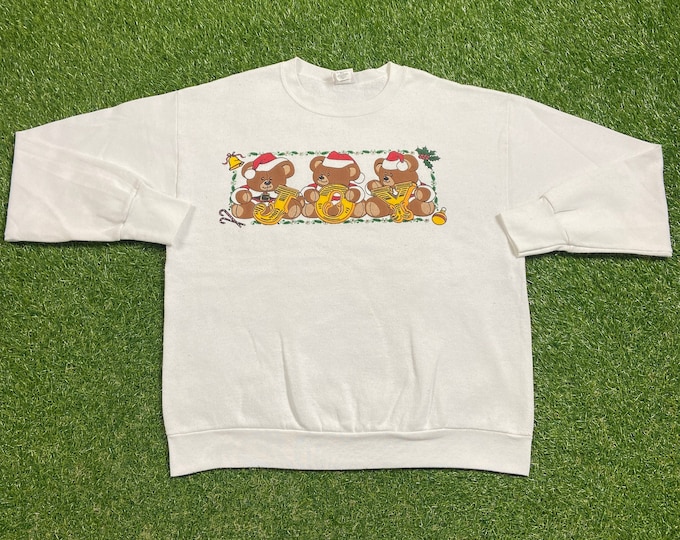 Ugly Christmas Sweater Sweatshirt Joy Teddy Bear Vintage Tacky Holiday Party Merry Santa Claus Classic Xmas Tree Size Large L 80s 90s