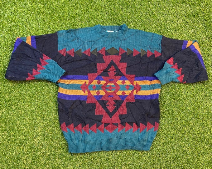 Vintage Gitano Multicolor Knit Crewneck Sweater Size Large L Quality Warm Winter Fashion Pull Over 1980s 80s