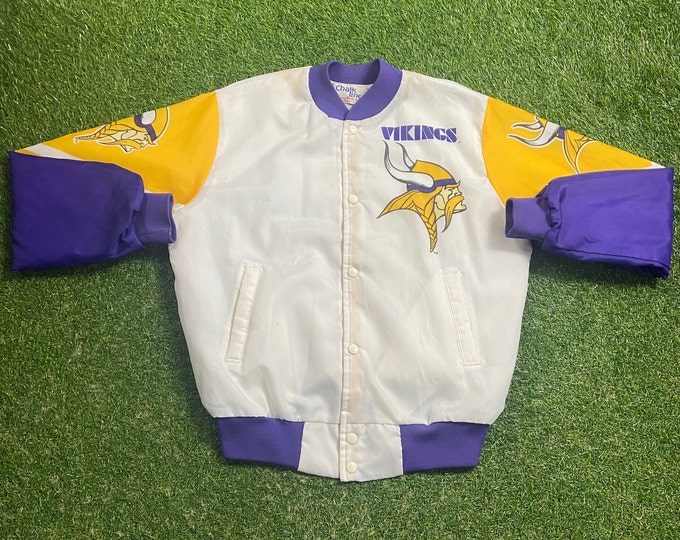 Vintage Minnesota Vikings Bomber Varsity Jacket Chalk Line Made USA Size Medium M NFL Football Moss 1990s 90s Satin Original