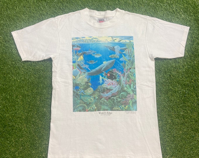 Vintage Water's Edge T Shirt Tee Made USA Size Large L Sea Life Planet Ocean Animals Habitat All Over Print Cool 1990s 90s Art Painting