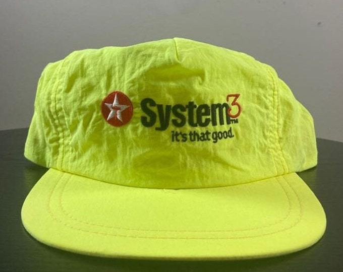 Vintage Texaco System 3 Snapback Hat Cap Made USA OSFA Oil Gas Station NASCAR Racing Daytona 500 1990s 90s Neon Yellow
