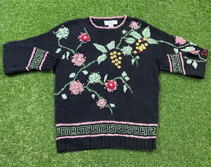Vintage Flower Knitted Crewneck Sweater Size Small S Pull Over Quality 90s Comfortable Fit 1990s Original Fall Winter Warm Cozy