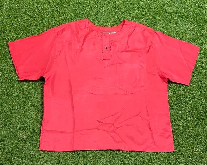Vintage Hot Pink Button Down Shirt Leslie Fay Options Size Large L Plain Silk Artsy Wacky Fun Art Original Classic Party Festival Pop 1990s
