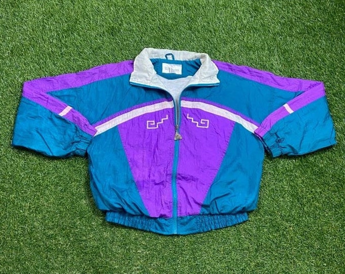 Vintage Graphic Windbreaker Zip Up Jacket Wilson Size Medium M Multicolor Streetwear Sport Active Wear Classic Light Rain Coat 1990s