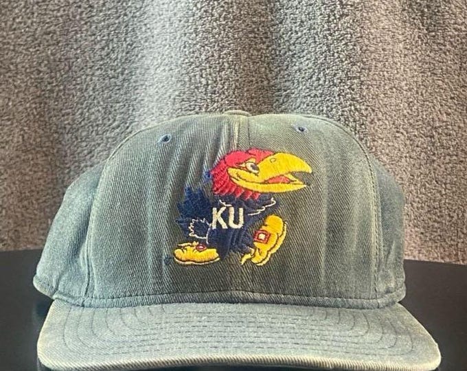 Vintage University of Kansas Strap Back Hat New Era Made Usa OSFA NCAA College Basketball KU Jayhawks 1990s 90s