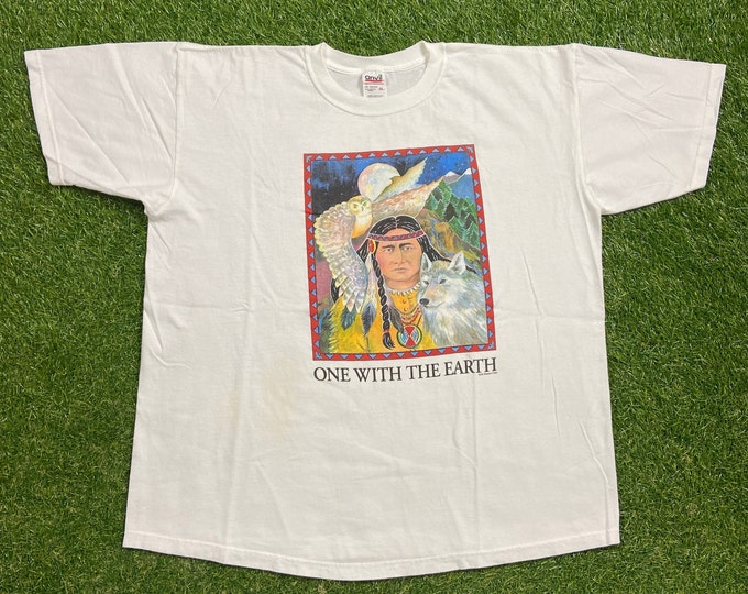 Vintage One With the Earth T Shirt Tee Anvil Made USA Size Xtra Large XL Native American Indigenous People Native Spirit Indian Tribe 1990s