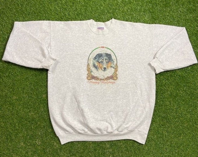 Ugly Christmas Sweater Sweatshirt Happy Holidays Vintage Tacky Holiday Party Classic Merry XMAS Santa Claus Dog Size XL 80s 90s Pull Over