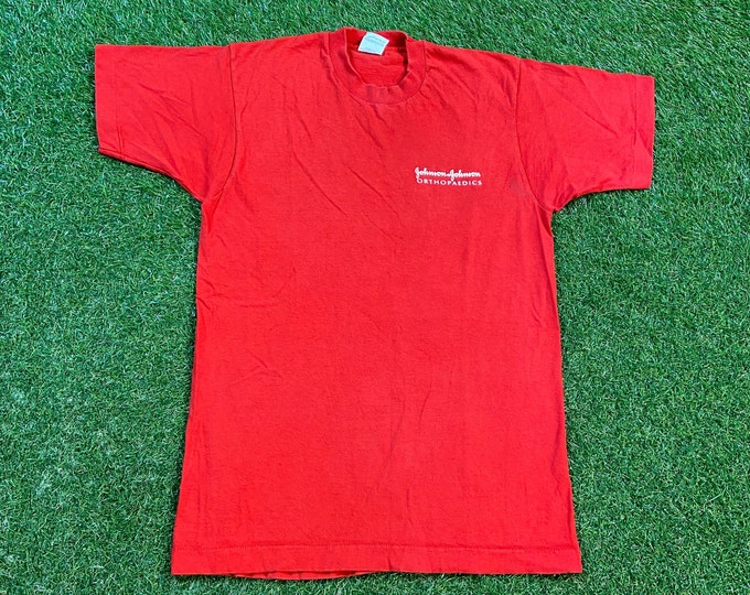 Vintage Johnson & Johnson Orthopedics T Shirt Tee Fruit of the Loom Made USA Size Medium M Medical Medicine Hospital Scrubs 1990s 90s