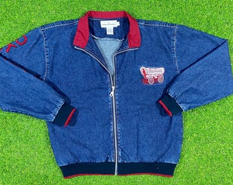 Vintage University of Oklahoma Sooners Zip Up Jean Jacket 1990's 90s NCAA College Football Castles Sports Small Spell Out on Sleeve Denim