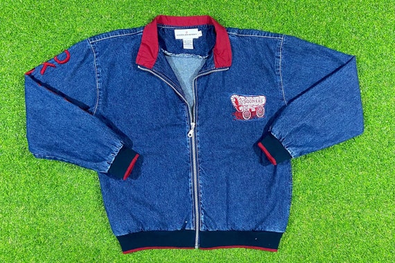 Vintage University of Oklahoma Sooners Zip Up Jean Jacket 1990's 90s NCAA College Football Castles Sports Small Spell Out on Sleeve Denim