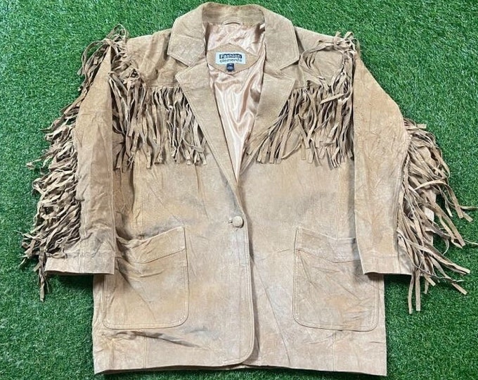 Vintage Beige Western Style Fringe Jacket Fashions Elements Size Xtra Large XL Saddle Genuine Leather Beautiful 1980s 80s detailed