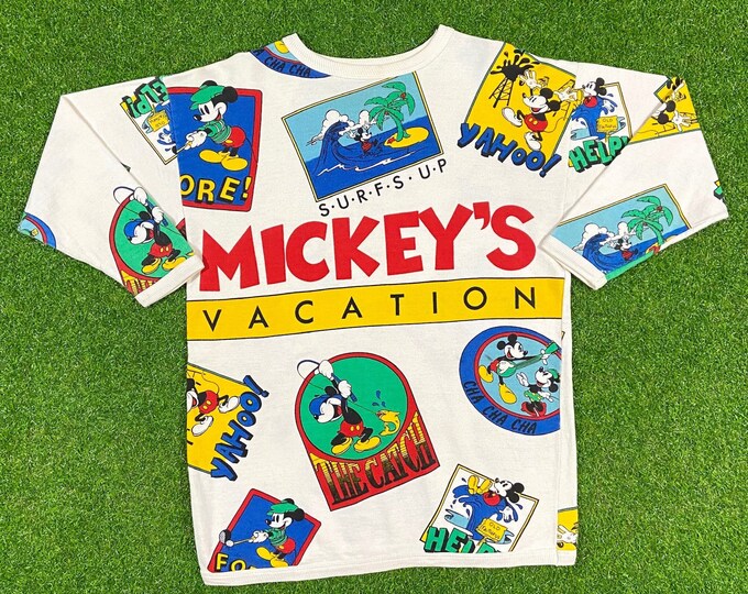 Vintage Disney Mickey Vacation Crewneck Sweater Small Mickey & CO 1990s Walt Disney World 90s Magic Steamboat Willie All Over Print 80s Rare