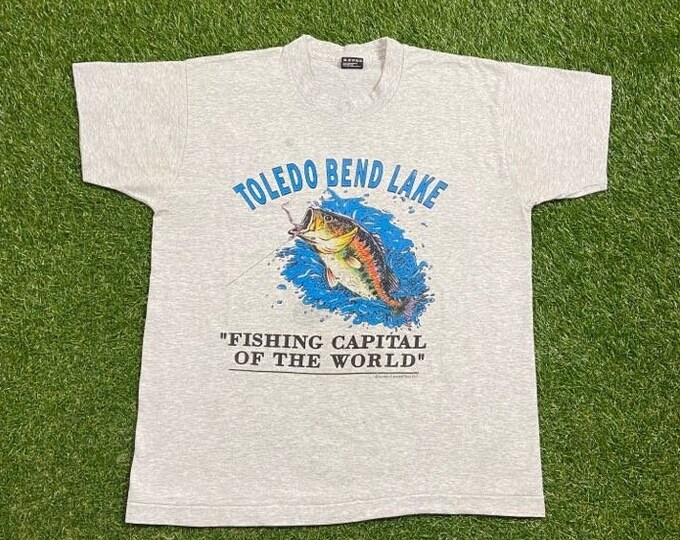 Vintage Toledo Bend Lake T Shirt Tee Made USA Size Large L Fish Planet Ocean Bass Pro Shop Funny Fishing Texas Louisiana 1990s 90s