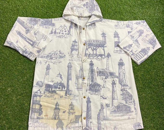 Vintage Lights of the United States Button Down Jacket Made USA Size Large L Lighthouses New York New England 1990s 90s