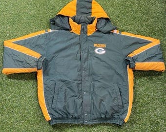 Vintage Green Bay Packers Jacket Size Large L NFL Football Cheese Heads Wisconsin Brett Favre Hooded Parka Coat 1990s 90s