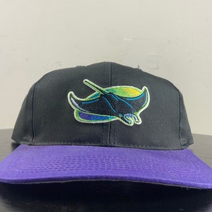 May include: Black and purple baseball cap with a green, blue, and yellow embroidered stingray logo.