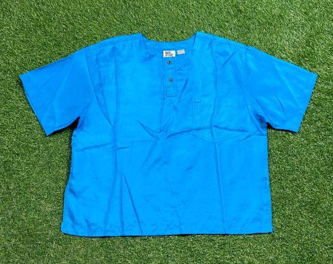 Vintage Blue Button Down Shirt Leslie Fay Options Size Xtra Large XL Beach Wacky Fun Art Original Classic Party Festival Pop 1990s 90s