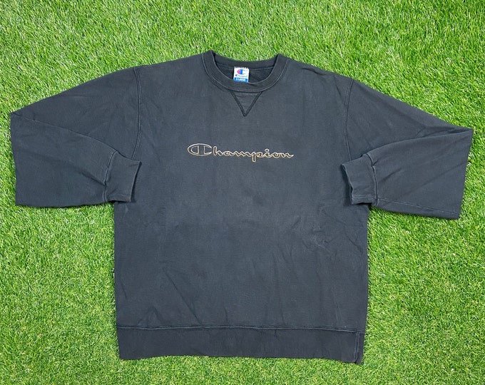 Vintage Black Champion Spellout Crewneck Sweatshirt Xtra Large XL Quality 1990's Oversized Great Fit Made USA Original 90s Pull Over