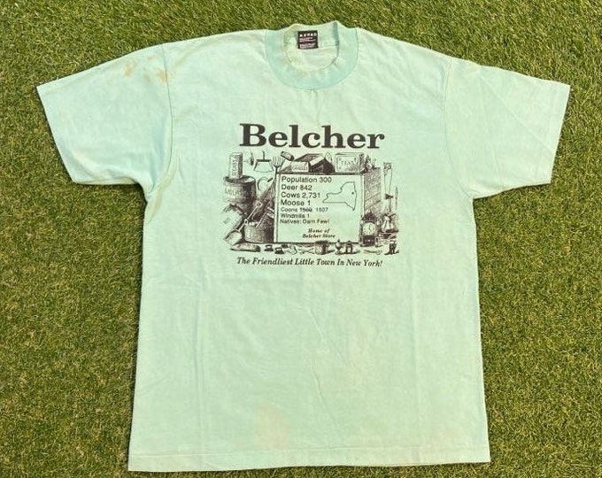 Vintage Belcher T Shirt Tee Fruit of the Loom Made USA Size Large L New York NYC 1990s 90s