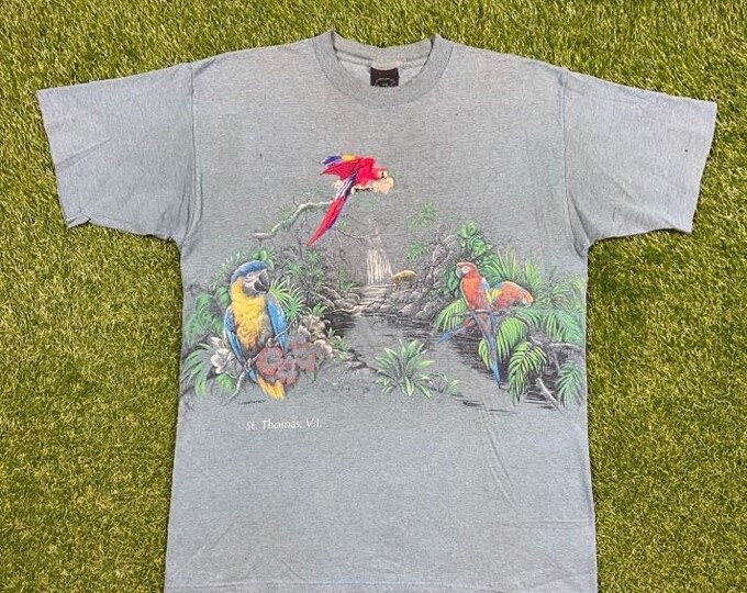 Vintage St Thomas VI T Shirt Tee Made USA Size Xtra Large XL Parrot Tropical Birds Animals Habitat All Over Print Cool