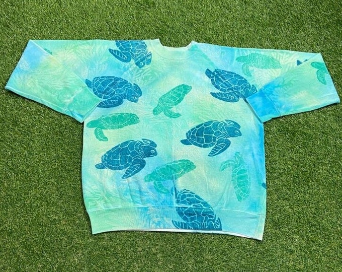 Vintage Sea Turtle Crewneck Sweatshirt Made USA Size Xtra Large XL Planet Ocean Earth Day Green Sea Animals 1990s 90s Pull Over Oversized