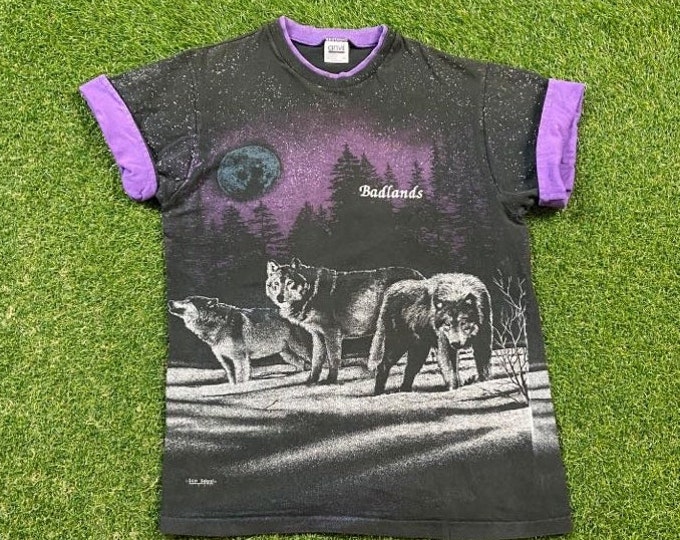 Vintage Badlands US National Parks T Shirt Tee Anvil Made USA Size Large L South Dakota  Animal Nature Wolves Wolf Pack 1990s 90s