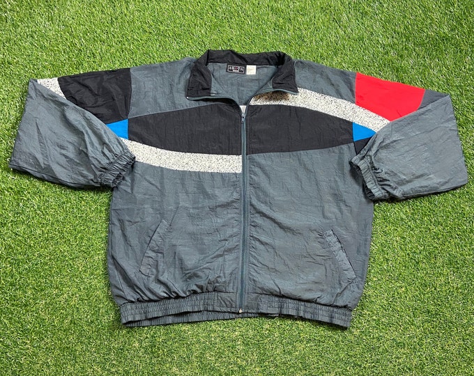 Vintage Graphic Windbreaker Zip Up Jacket Akita Wear Size Xtra Large XL Multicolor Streetwear Sport Active Wear Classic Light Coat 1990s 90s