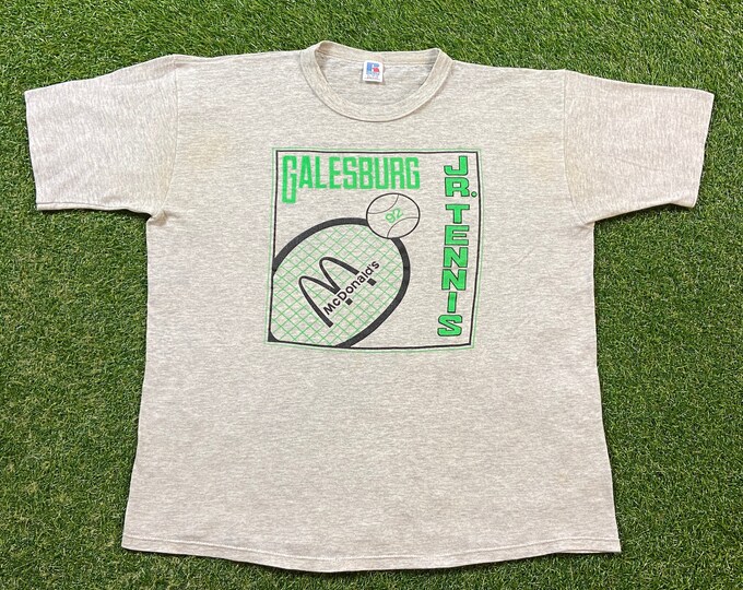 Vintage Galesburg 92 T Shirt Tee Made USA Size Xtra Large XL McDonalds Tennis Agassi Serena Classic Sportswear 1990s 90s Big Logo All Over