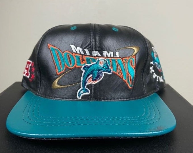 Vintage Miami Dolphins Strap Back Hat Pro Elite Made USA NFL Football Florida 1990s 90s Leather
