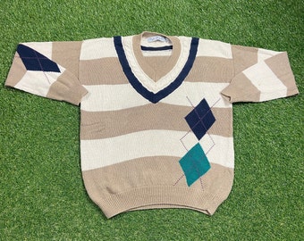 Vintage Multicolor Knitted V Neck Sweater Bugle Boy Co Size Large L Quality Warm Winter Fashion Pull Over Oversized 1990s 90s