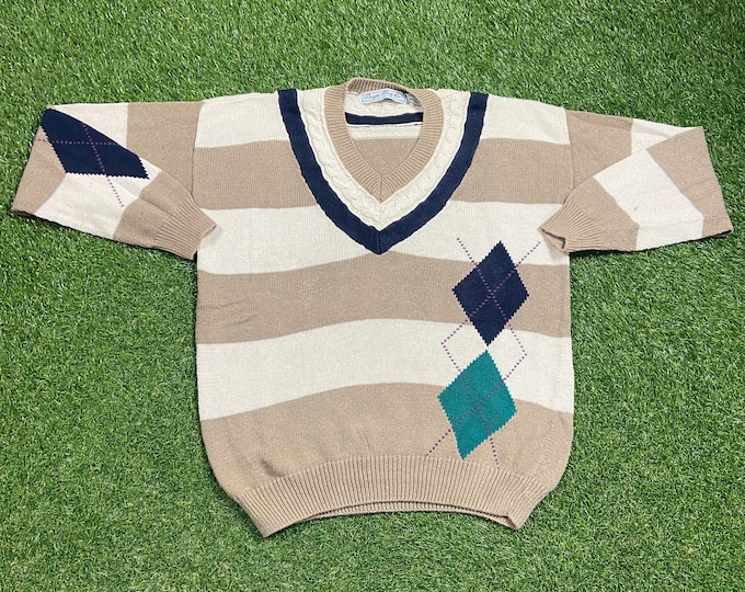 Vintage Multicolor Knitted V Neck Sweater Bugle Boy Co Size Large L Quality Warm Winter Fashion Pull Over Oversized 1990s 90s