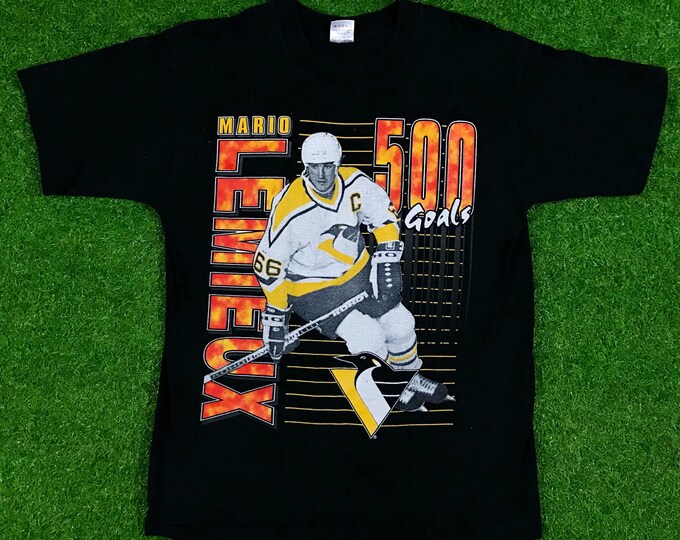 Vintage Pittsburgh Penguins Mario Lemieux Tee 1995 NHL Mens Medium Hockey T Shirt 90s Hanes Made USA Rap Tee Tour Classic HOF 500 Goals