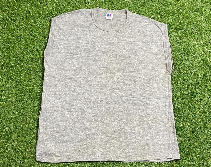 Vintage Plain Gray Sleeveless T Shirt Tee Russell Athletic Made USA Size Large L Quality 1990s Great Fit Original 90s Tri Blend Rayon