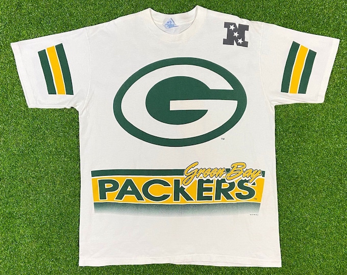 Vintage Green Bay Packers Front & Back Tee Salem Xtra Large Made USA 90s NFL Football Wisconsin Pack T-Shirt Cheese Head 1990s All Over XL