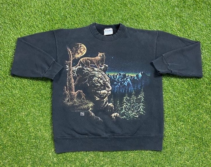Vintage Panther Crewneck Sweatshirt Gildan Size Large L Animal Safari Lion Cheetah Big Cats Jungle Africa 1990s 90s Pull Over Hidden Image