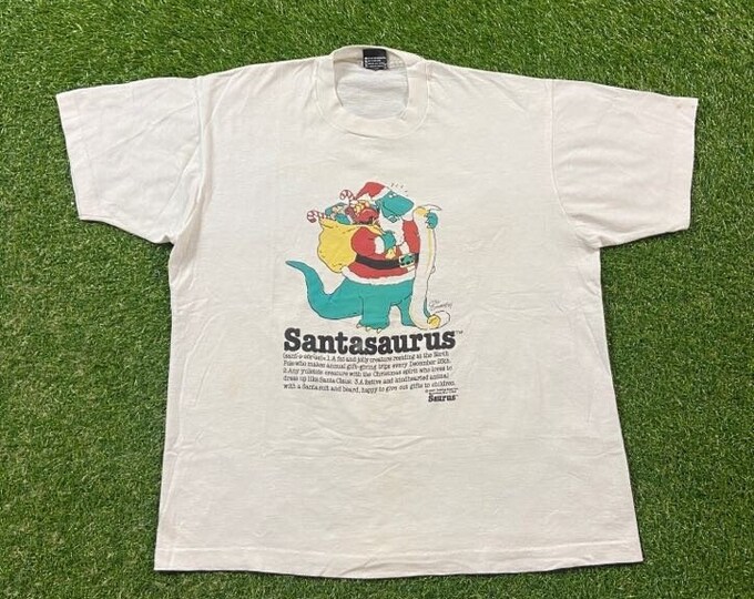 Vintage Santasaurus Christmas T Shirt Tee Size Xtra Large XL Classic Cartoon Animation Happy Holiday Merry Xmas Classic Santa Claus 1980s