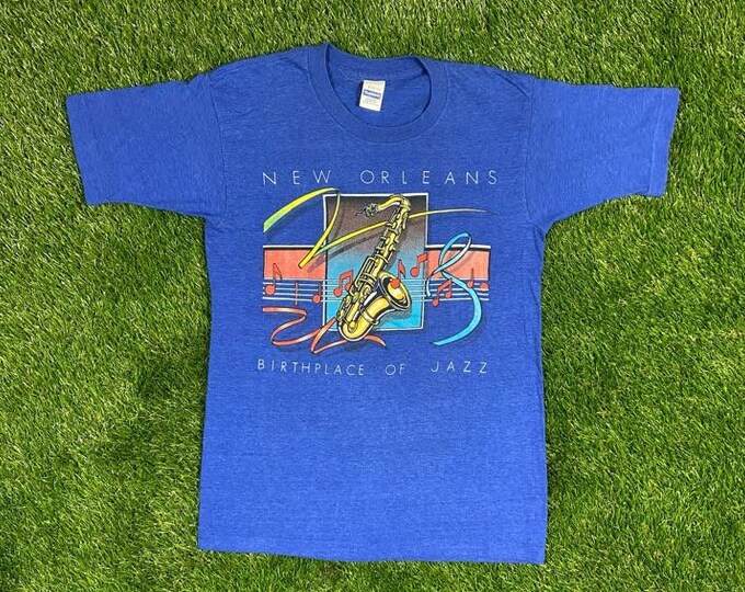 Vintage New Orleans Birthplace of Jazz T Shirt Tee Health Knit Size Medium Made USA Music Big Easy Louisiana Louis Armstrong