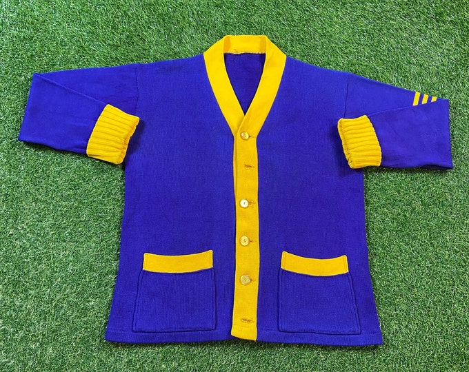 Vintage Purple and Yellow Cardigan Sweater Size Medium M Los Angeles Lakers Colors 1960s 60s Button Down