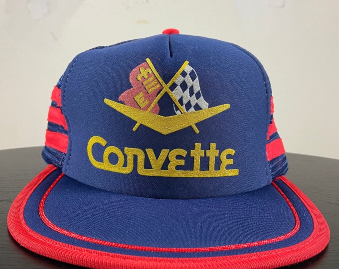 Vintage Corvette Snapback Hat Designer Award Cap OSFA Classic Car Speedway NASCAR Motorsports 3 Three Stripe 1980s 80s