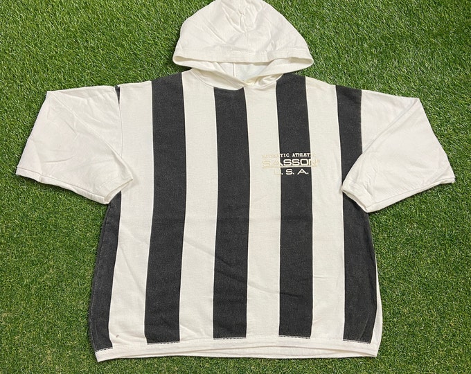 Vintage Black White Striped Hoodie Sweatshirt Sassoon USA Size XL Quality 1990s Oversized Comfy Great Fit Original 90s Pull Over