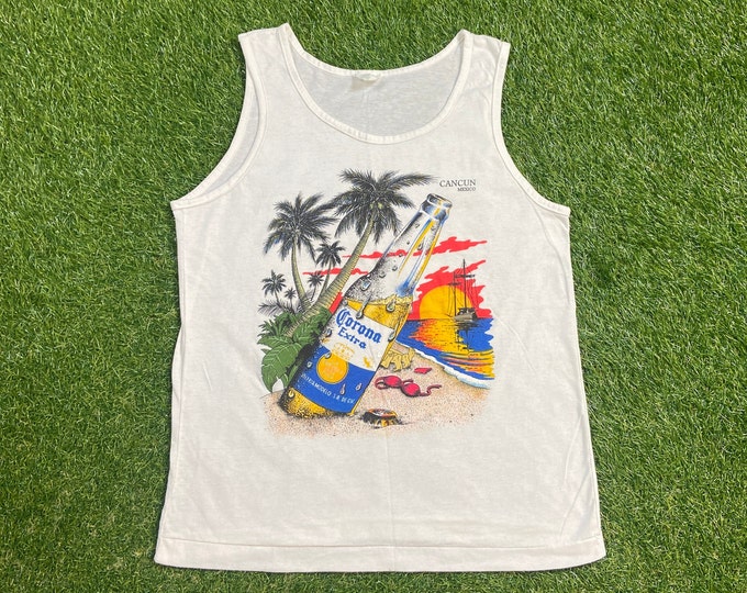 Vintage Corona Extra Tank Top Shirt Tee Made USA Size Small S Cinco de Mayo Pale Larger Cancun Mexico Mexican Beer Cerveza 1990s 90s