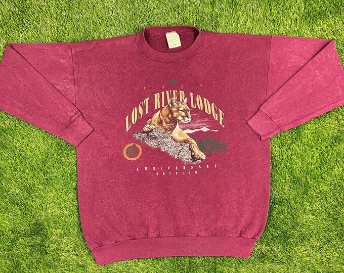 Vintage Lost River Lodge EST 1823 Crewneck Sweatshirt Size L Rare 1990s 90s Made in USA Cotton Grove American Apparel Warm Cougar Large