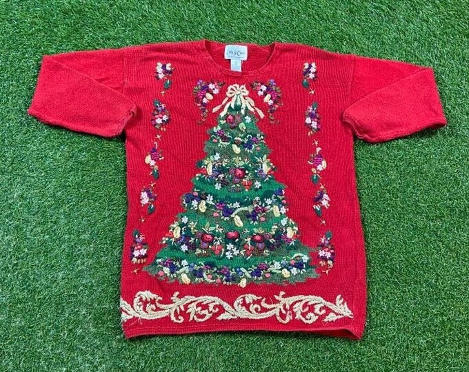 Ugly Christmas Sweater Vintage Tacky Holiday Party Merry Women's Santa Classic Size Small Xmas 1990s 90s Decorated Tree