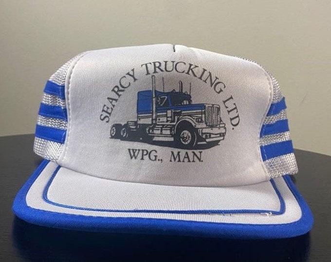 Vintage Searcy Trucking Ltd WPG Man Snapback Hat YR Headwear OSFA Truckers Shipping 1980s 80s 3 Three Stripes Striped