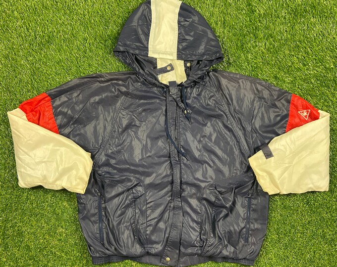 Vintage Le Coq Sportif Windbreaker Hoodie Jacket Size Large L Designed in France Streetwear Sport Active Wear Classic Light Rain Coat 1990s